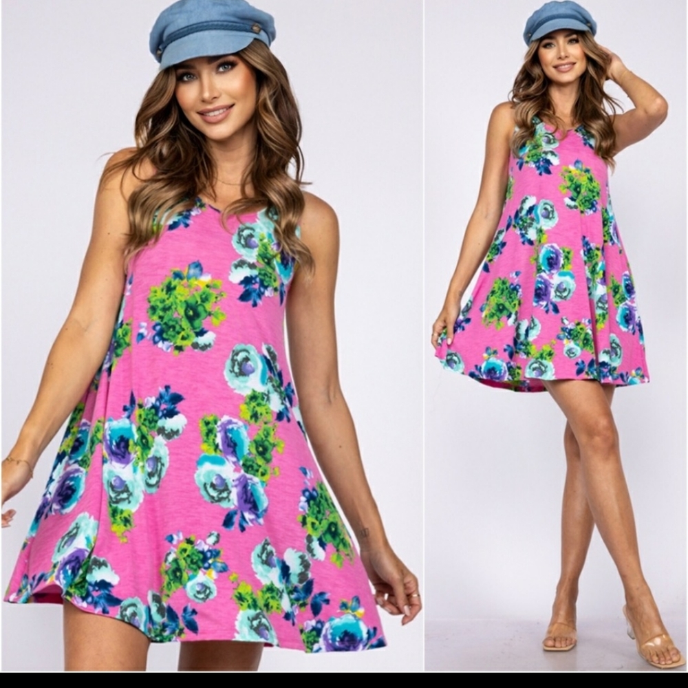 Fun sunny pink floral pocket dress